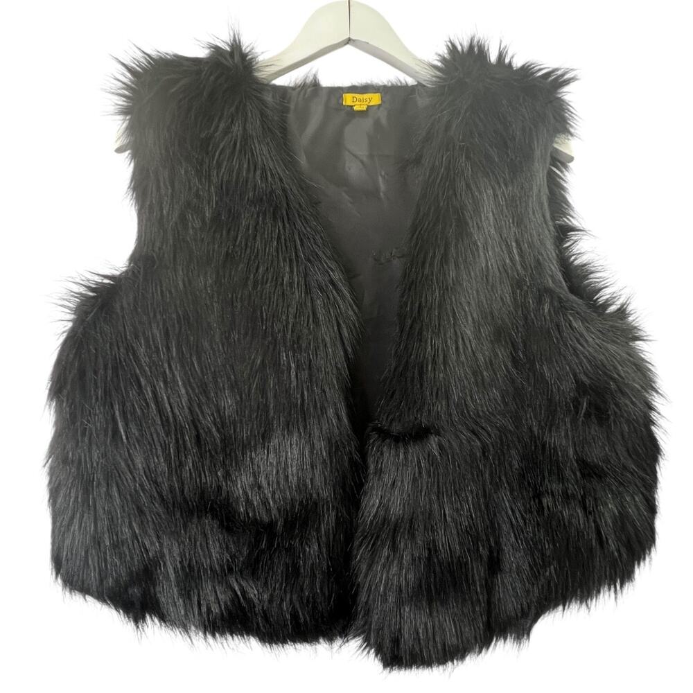 Y2K Daisy Fuentes Black Faux Fur Cropped Vest Size L Mob Wife‎ Jacket Outerwear